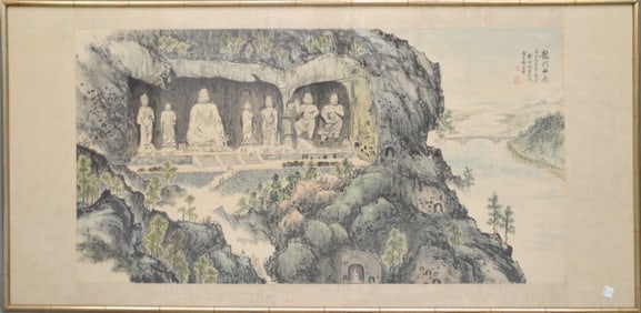 Antique Chinese watercolor painting "Yungang Cave" 67 x 32 inches