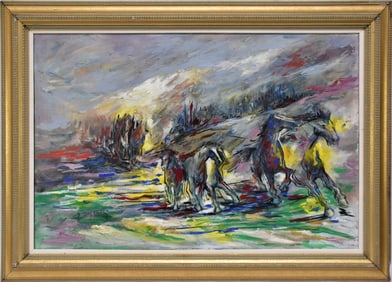 Oil on canvas, abstract of wild horses by Gzaspar Gumhzi. Painting size 24 x 36“ overall frame