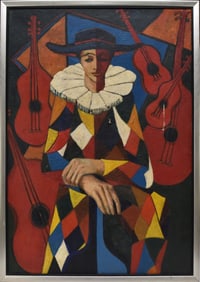 Musical Jester, Oil on canvas, ptng. size 40 x 29 inches, overall frame size 42 x 31.