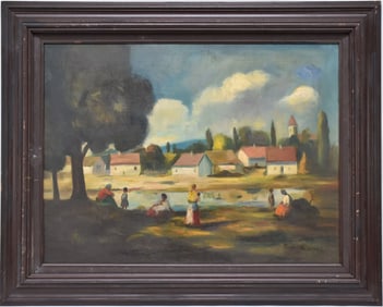 Oil on canvas, Spanish village, relined canvas size 24 x 31 1/2 overall frame size 40 x 32