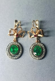 Russian Antique Gold 3.5 ct Emerald & Diamond earrings