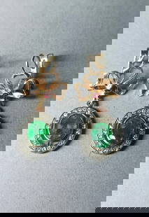 Russian Antique Gold 3.5 ct Emerald & Diamond earrings: Beautiful 14 carat gold with approximately 3.5 carat emerald and diamond earrings, stampede 56 and maker marks.