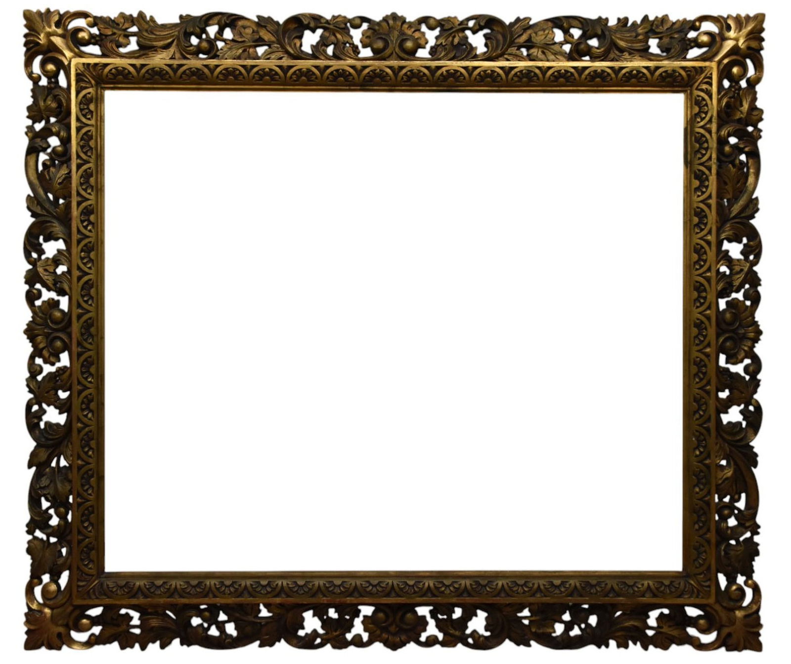 Gilded and carved leaf design wood frame overall size 53 1/2 x 46: Gilded and carved leaf design wood frame overall size 53 1/2 x 46 opening 41 3/4 x 34-3/4 inches.