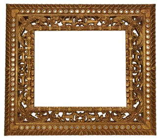 Gold carved and reticulated with inlaid mirror border.