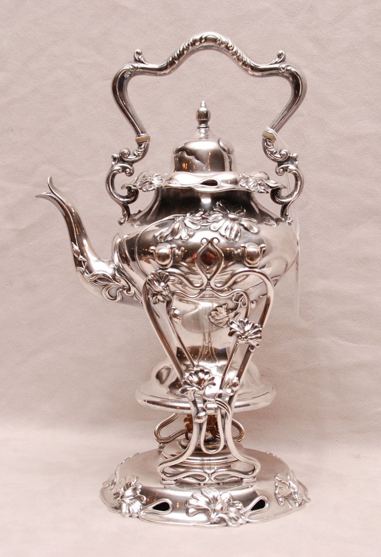 Elaborate Art Nouveau silver plate tea kettle and stand: Elaborate Art Nouveau silver plate tea kettle and stand, late 19th/early 20th c, 14 1/2"h