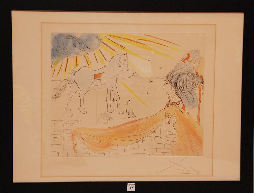 SALVADOR DALI (Spanish 1904-1989) Title: Helene et le : SALVADOR DALI (Spanish 1904-1989) Title: Helene et le Cheval de Troie / Helena and the Trojan Horse, 1974, Etching with Aquatint on Arches vellum paper Paper Size: 57 x 76.5 cm / 22.4 x 30.1 in Plate 