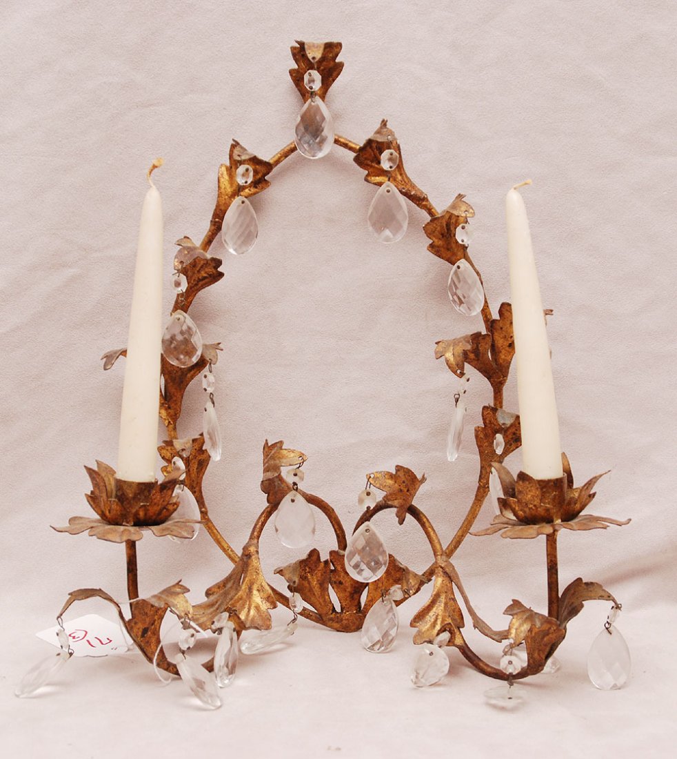 Pair of carved giltwood wall sconces with eagle, 24"h x: Pair of carved giltwood wall sconces with eagle, 24"h x 7 1/2"w AND 2 light metal wall sconce with prisms