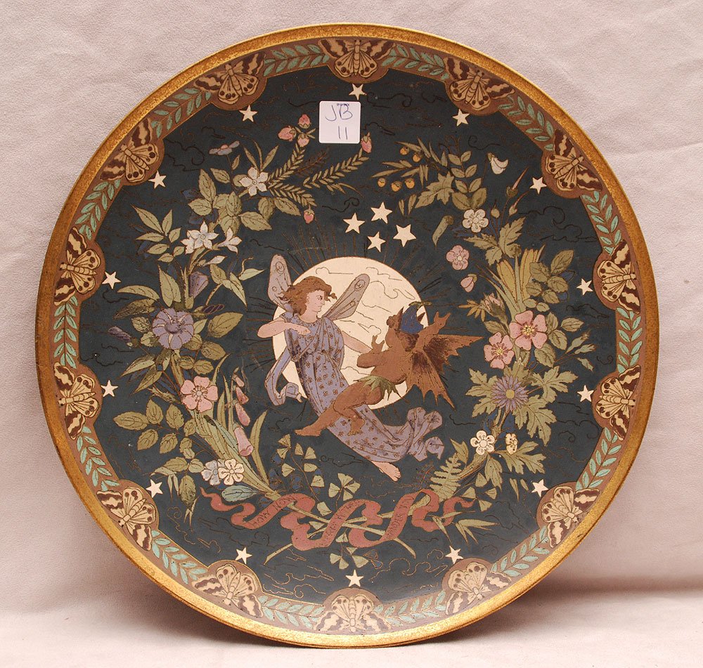 Champleve charger, winged fairies & butterfly border, 1: Champleve charger, winged fairies & butterfly border, 15"dia x 2"h