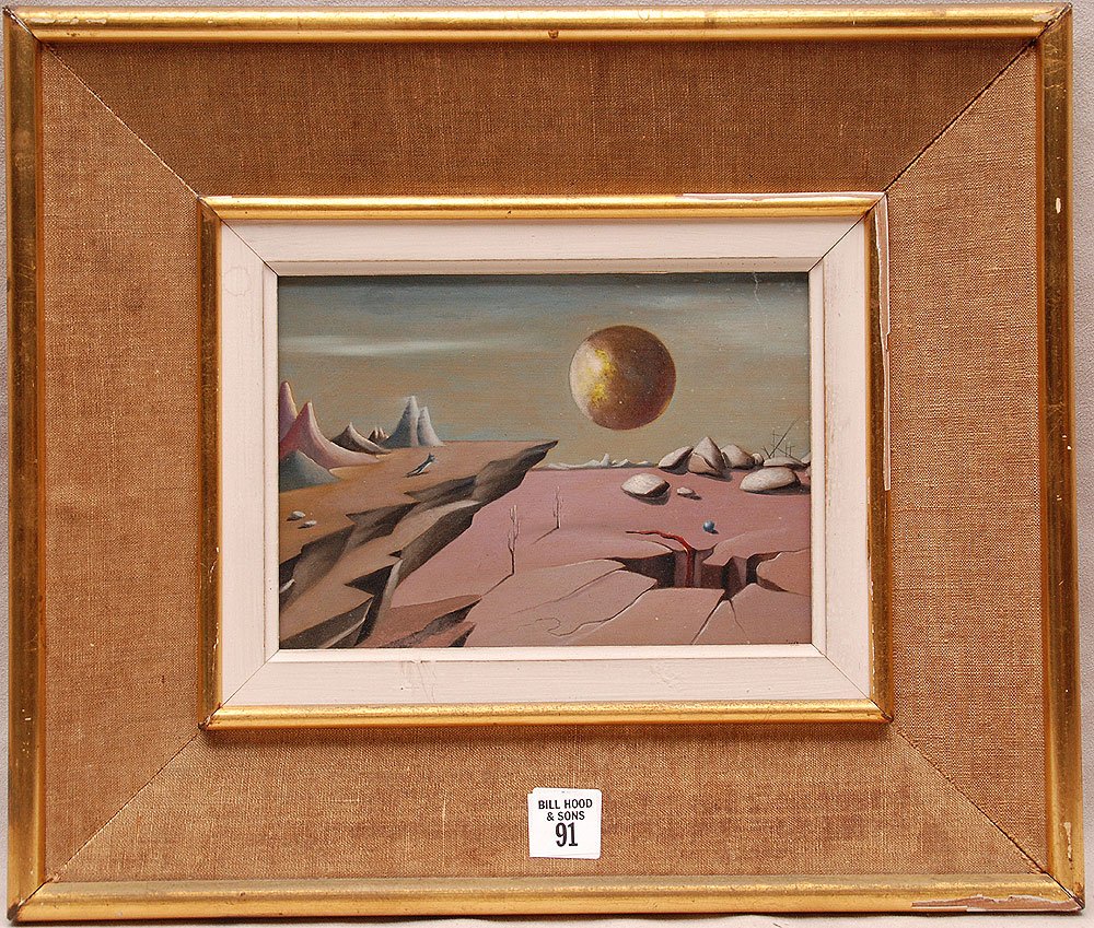 Georges Spiro (FRENCH, 1909-1994) oil on massonite boar: Georges Spiro (FRENCH, 1909-1994) oil on massonite board, "fox chasing the moon", 8-1/2" x 6-1/2"