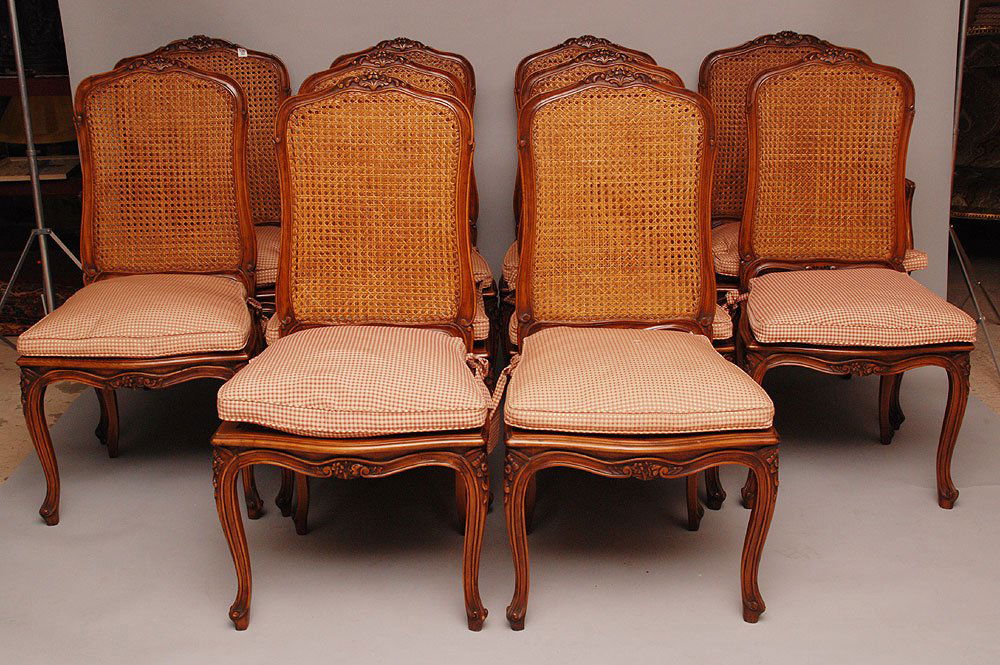 Set of 10 French style dining chairs, caned backs: Set of 10 French style dining chairs, caned backs with custom seat cushions, 41 1/2"h x 21"w