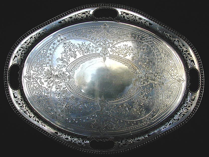 EXCEPTIONAL C1840 SHEFFIELD PLATE TRAY WALKER KNOWLES &: EXCEPTIONAL C1840 SHEFFIELD PLATE TRAY WALKER KNOWLES & CO A very large and unusual 4 handle Sheffield silver plate tray circa 1840 by the renowned silver firm Walker, Knowles & Co (located at Sheffie