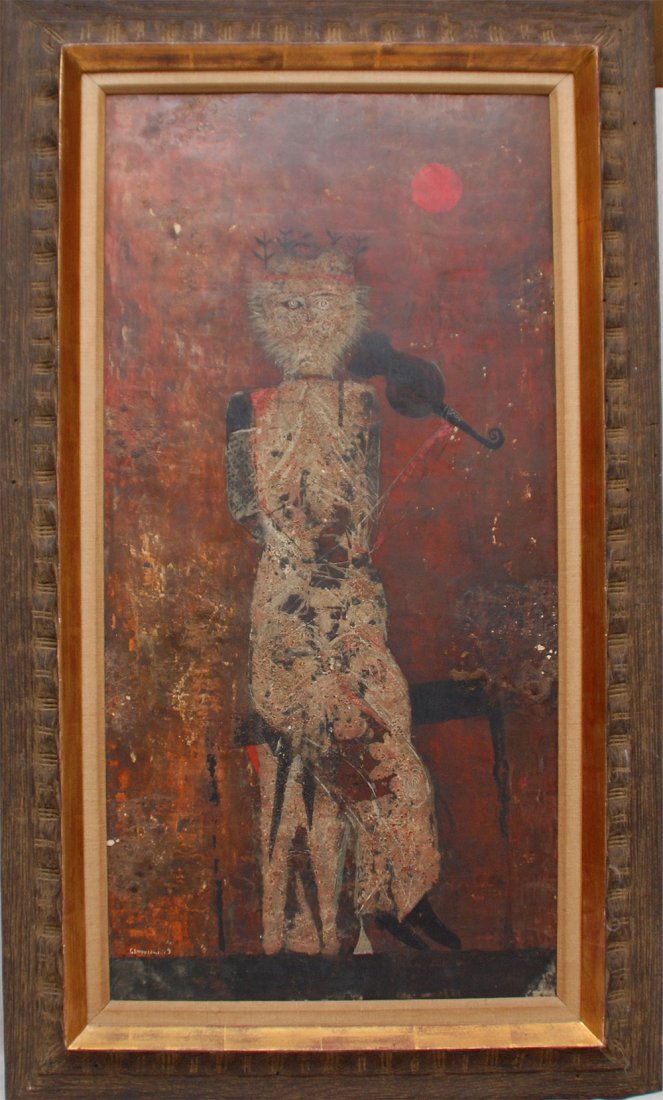 Gustavo Foppiani (Italian, 1925-1986) Modern surreal st: Gustavo Foppiani (Italian, 1925-1986) Modern surreal style titled on stretcher "suonatore ob violino" figure seated on table playing violin", mixed media on board, signed and dated lower left "G. Fopp
