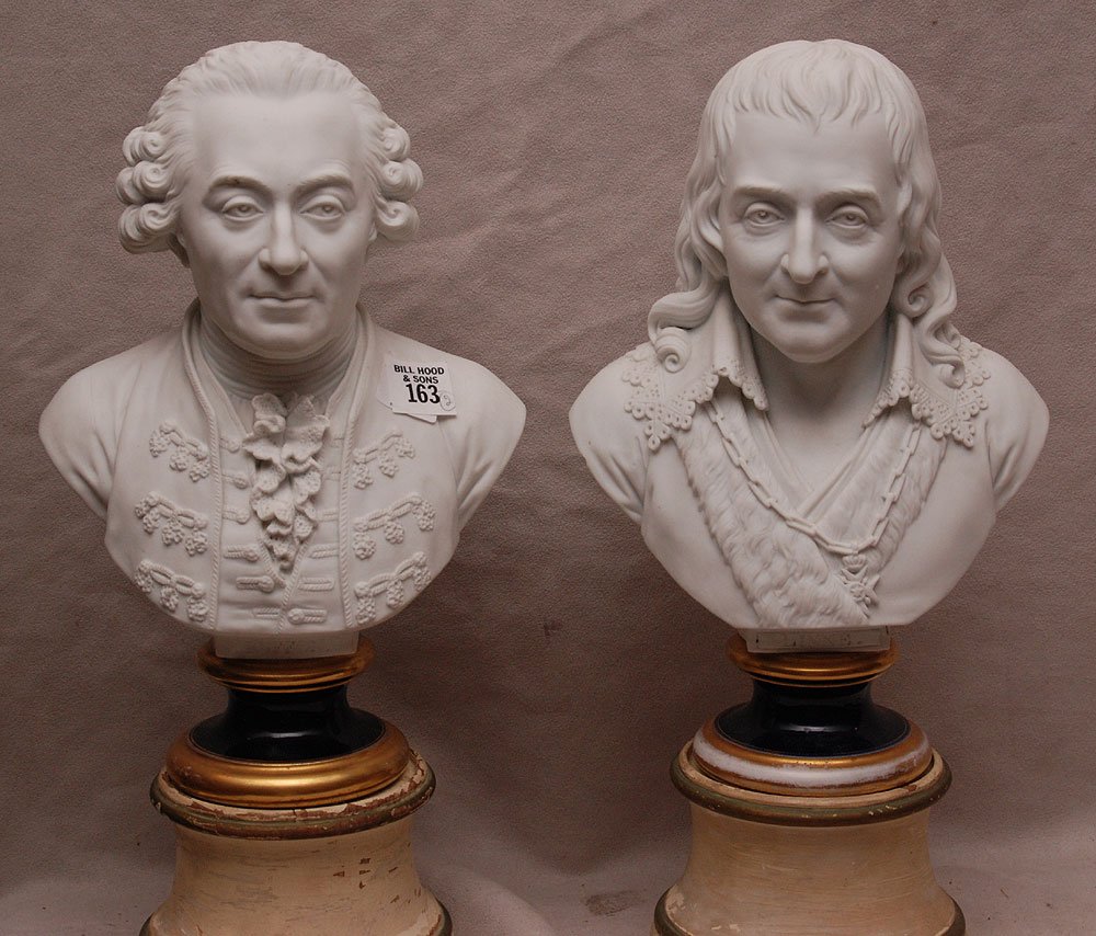2 classical Parian busts on Sevres pedestals, impressed: 2 classical Parian busts on Sevres pedestals, impressed Linne and Buffon, dated 1822, 11"h (with Sevres)