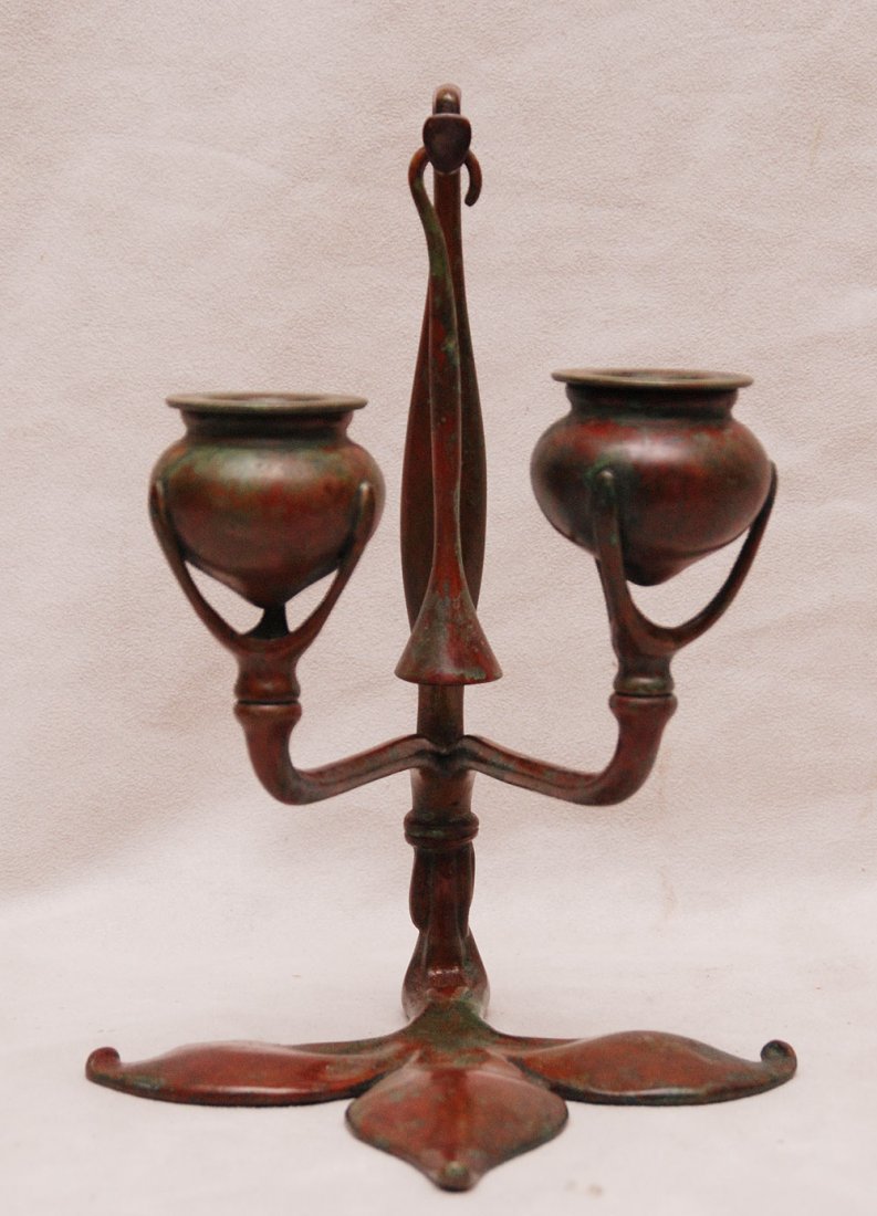 Tiffany Studios Bronze double branch candlestick: Tiffany Studios Bronze double branch candlestick, 8 1/2"h