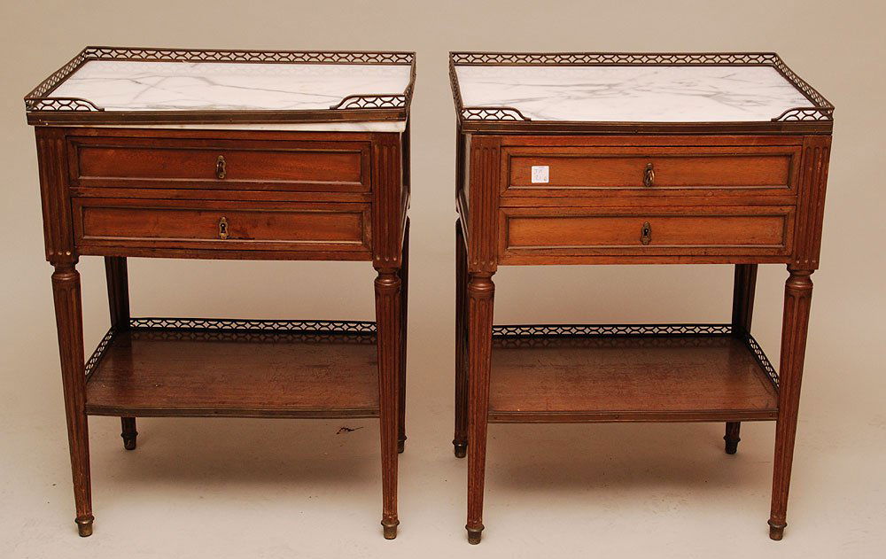 Pair of 19th c. side tables, brass gallery with marble : Pair of 19th c. side tables, brass gallery with marble tops over 2 long drawer with lower shelf, 29 12/"h x 22" x 14 3/4"