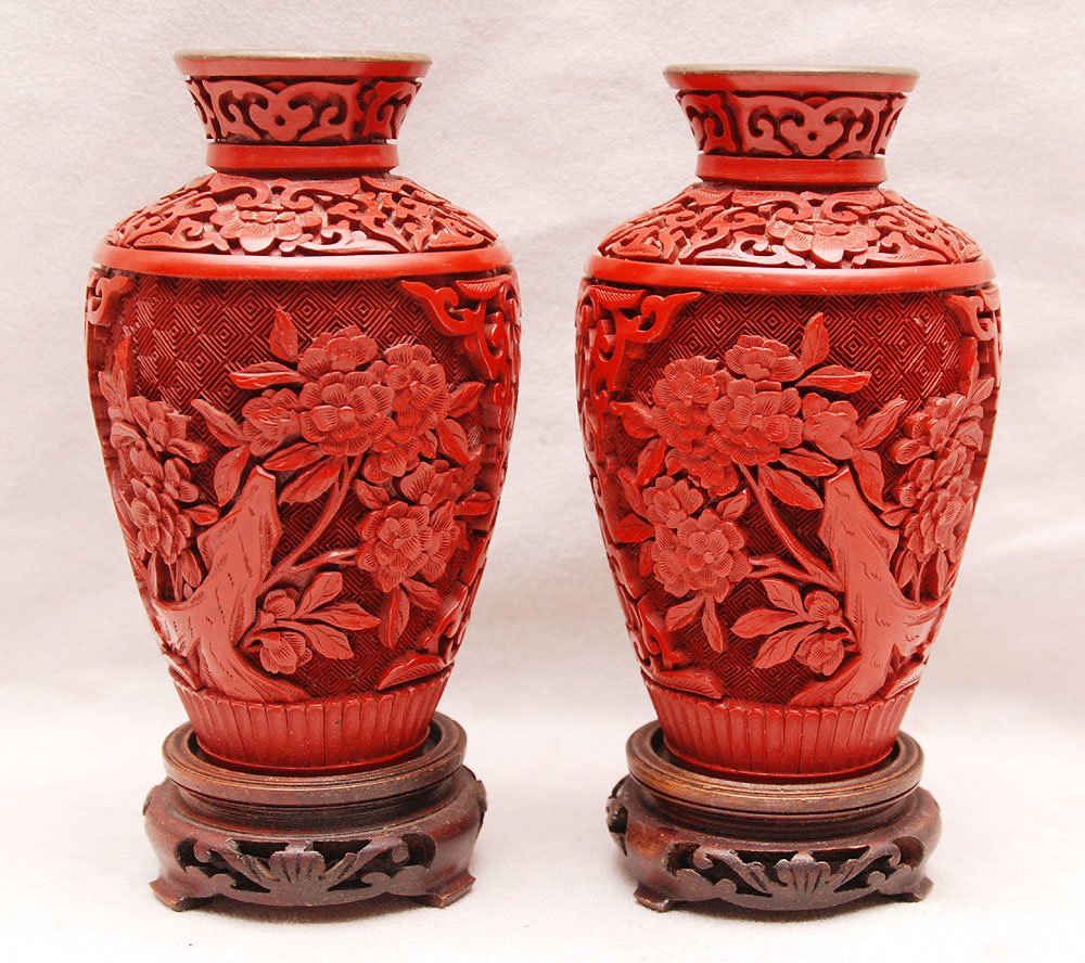 Pair cinnabar vases on attached bases, 6"h: Pair cinnabar vases on attached bases, 6"h