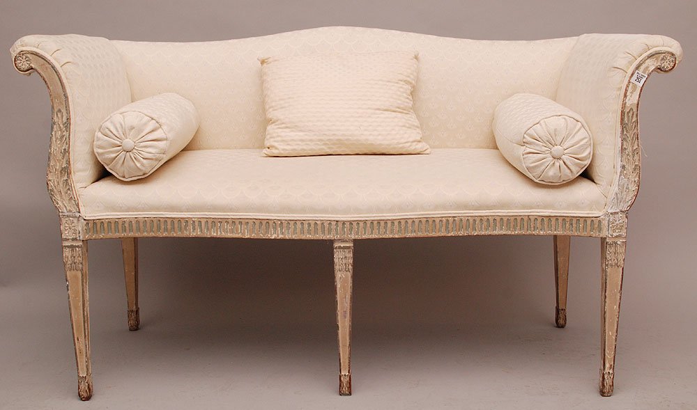 Italian upholstered settee with chippy paint frame, ivo: Italian upholstered settee with chippy paint frame, ivory upholstery, 53"w x 30"h