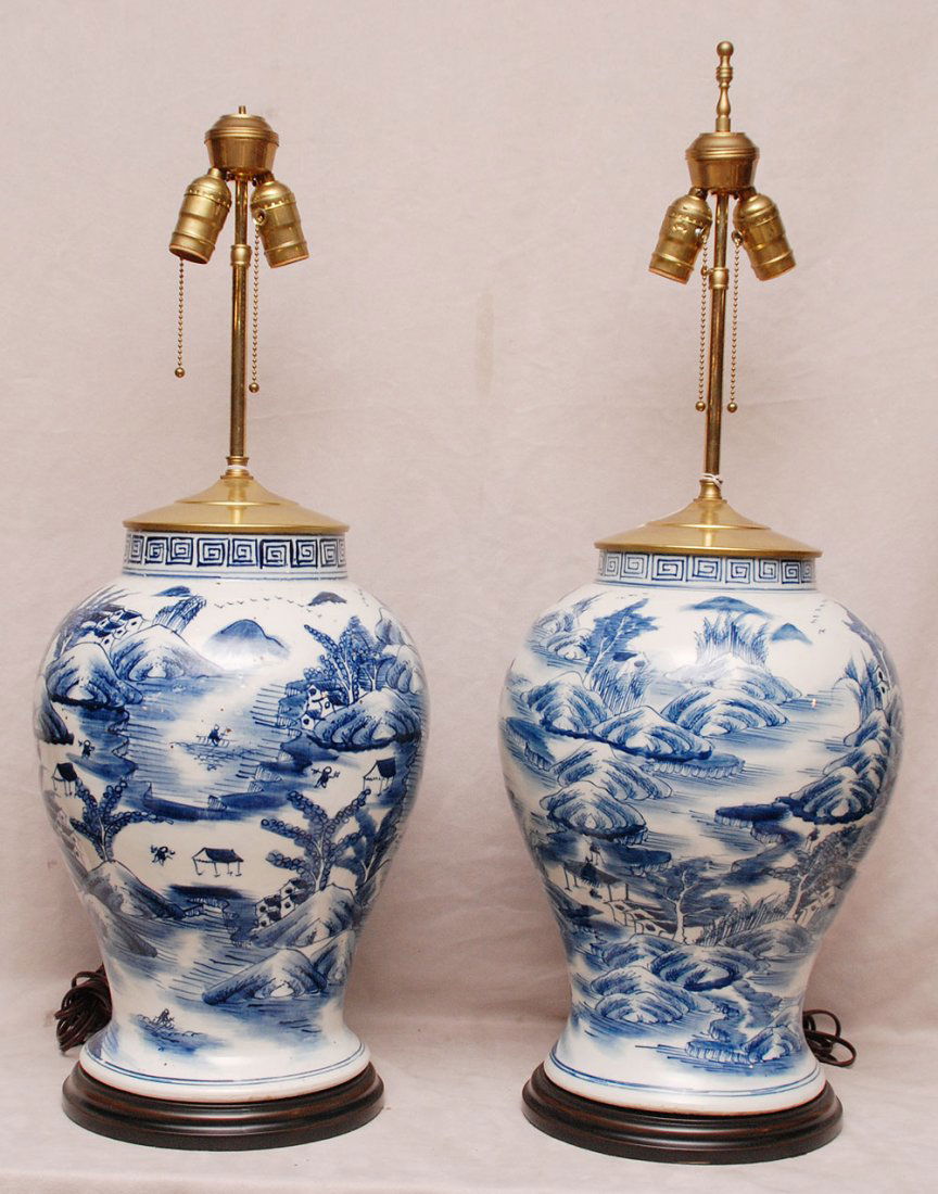 Pair of Chinese blue & white lamps in ginger jar form, Feb 12, 2013 Bill Hood & Sons Art