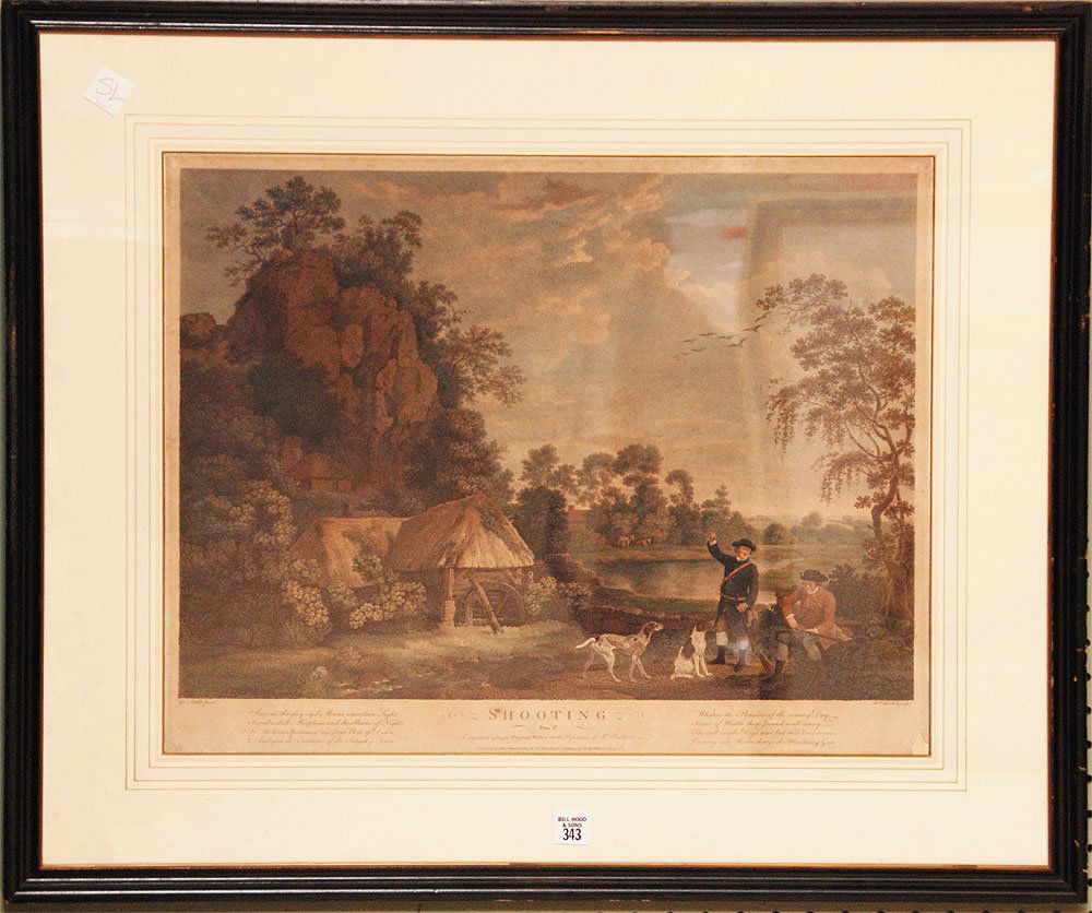 Pr. 18th Century George Stubbs, "Shooting", Pl. l & III: Pr. 18th Century George Stubbs, "Shooting", Pl. l & III, Printmaker: William Woollett, Pub: Thomas Bradford, Date: C.1770, Medium: Hand-colored Engraving, Paper size: approx. 17 x 21 each