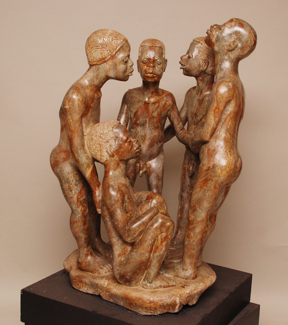 African sculpted stone grouping of boys, Godfrey, Zimba: African sculpted stone grouping of boys, Godfrey, Zimbabwe, 48"h x 30"w