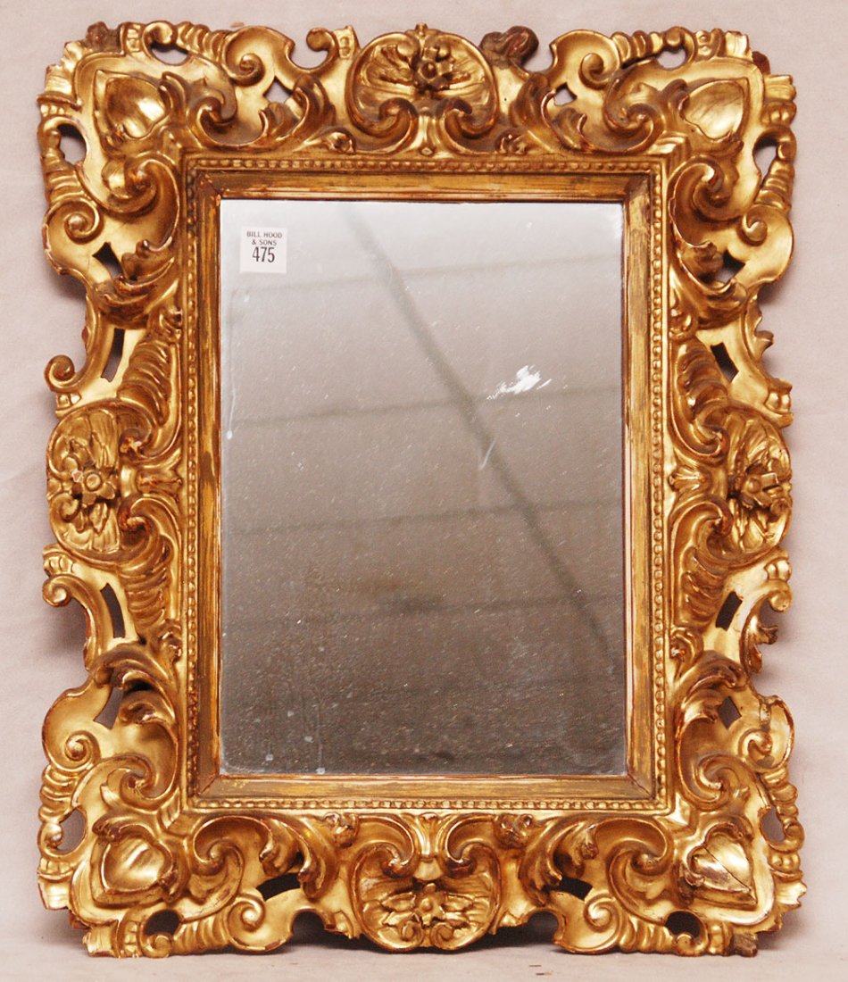 Carved gilded antique rococo frame mirror, 21"h x 17"w: Carved gilded antique rococo frame mirror, 21"h x 17"w