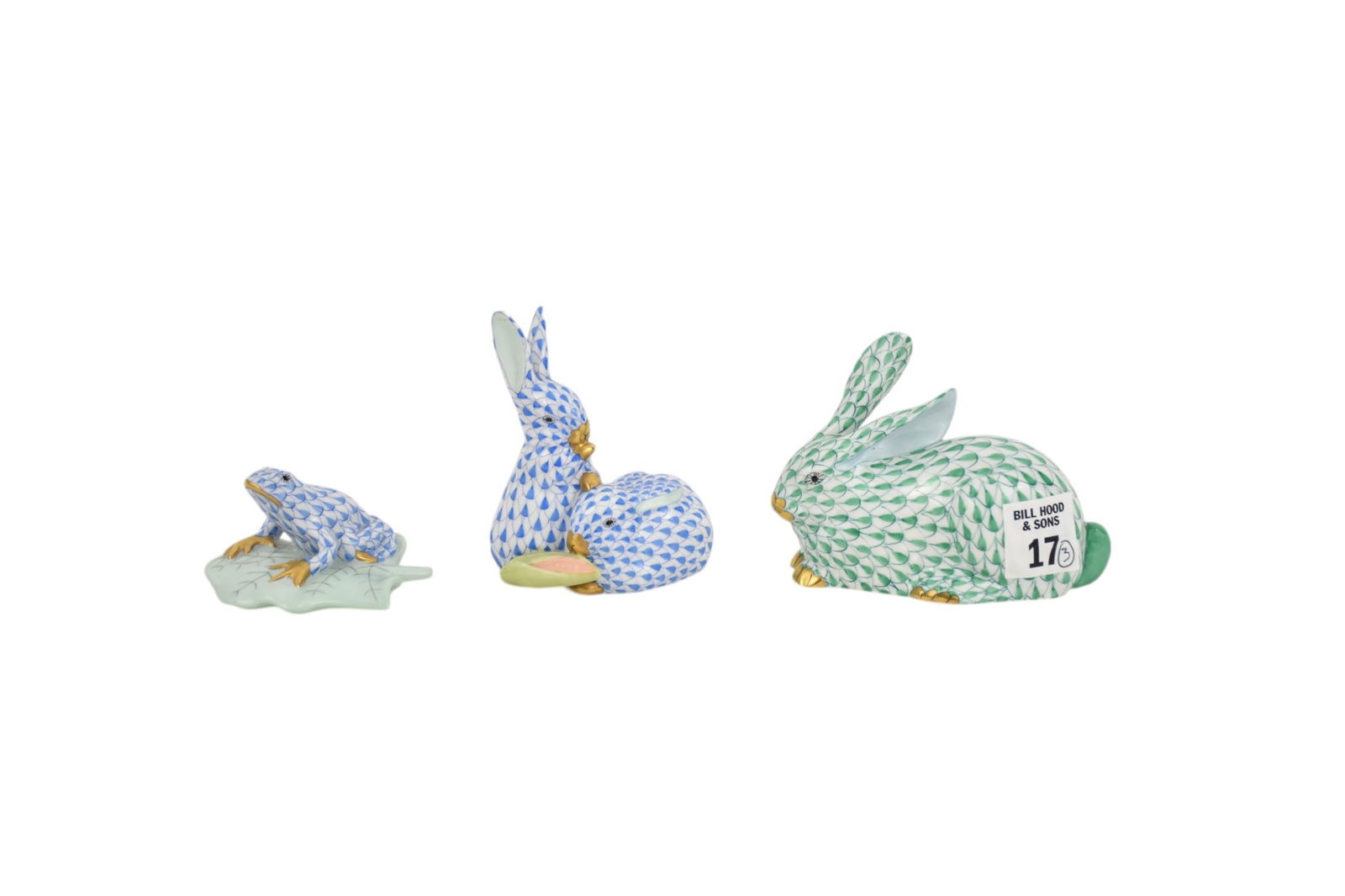 3 Herend fishnet animals #1) Green Fishnet rabbit 3 1/8" high x 4 1/2" wide x 2" deep #2) Blue (1 of 9)