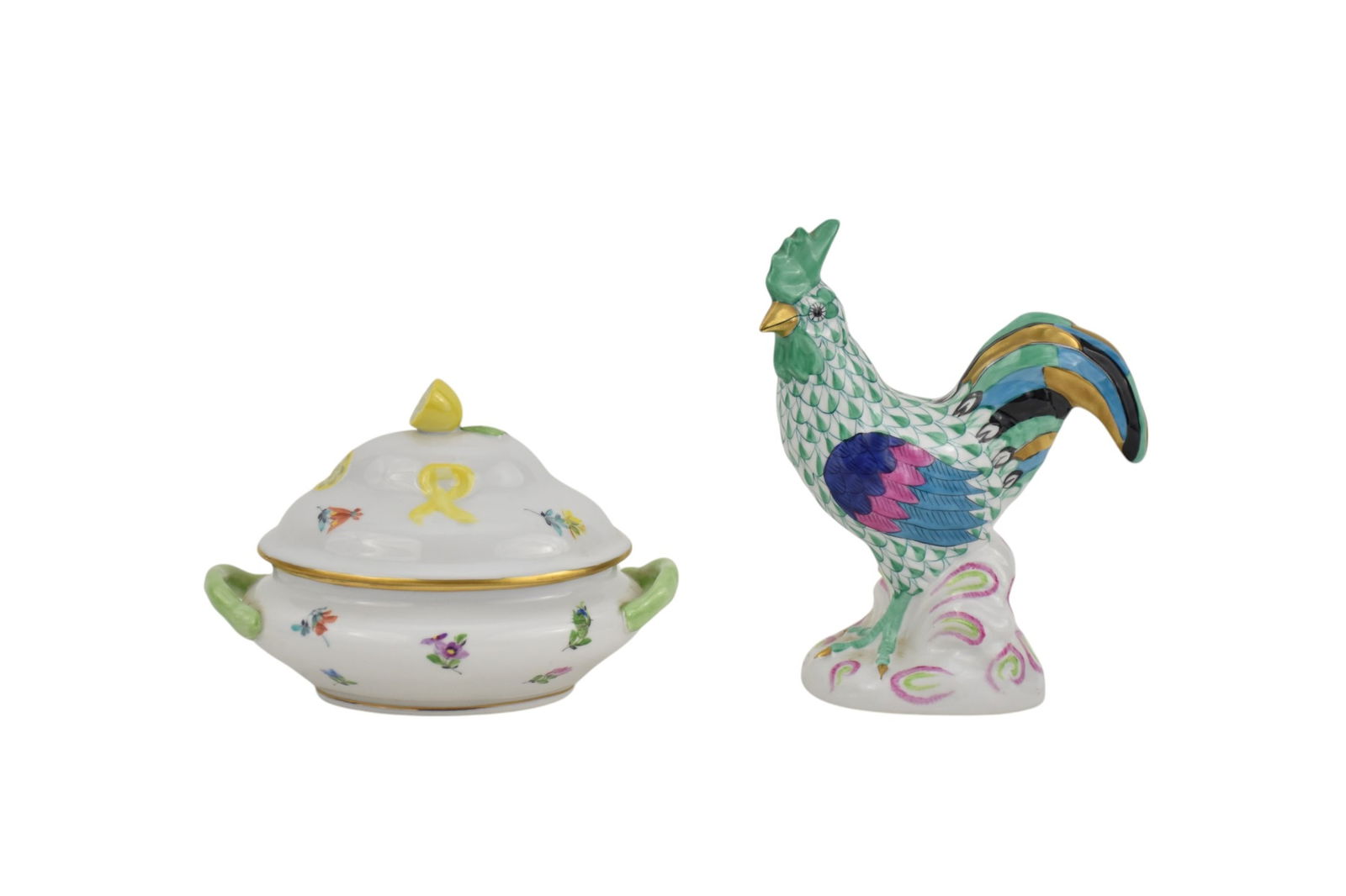 2 Herend pieces one Green fishnet Rooster 5.5" high x 4.5" wide x 2.25"deep and one covered tureen (1 of 7)
