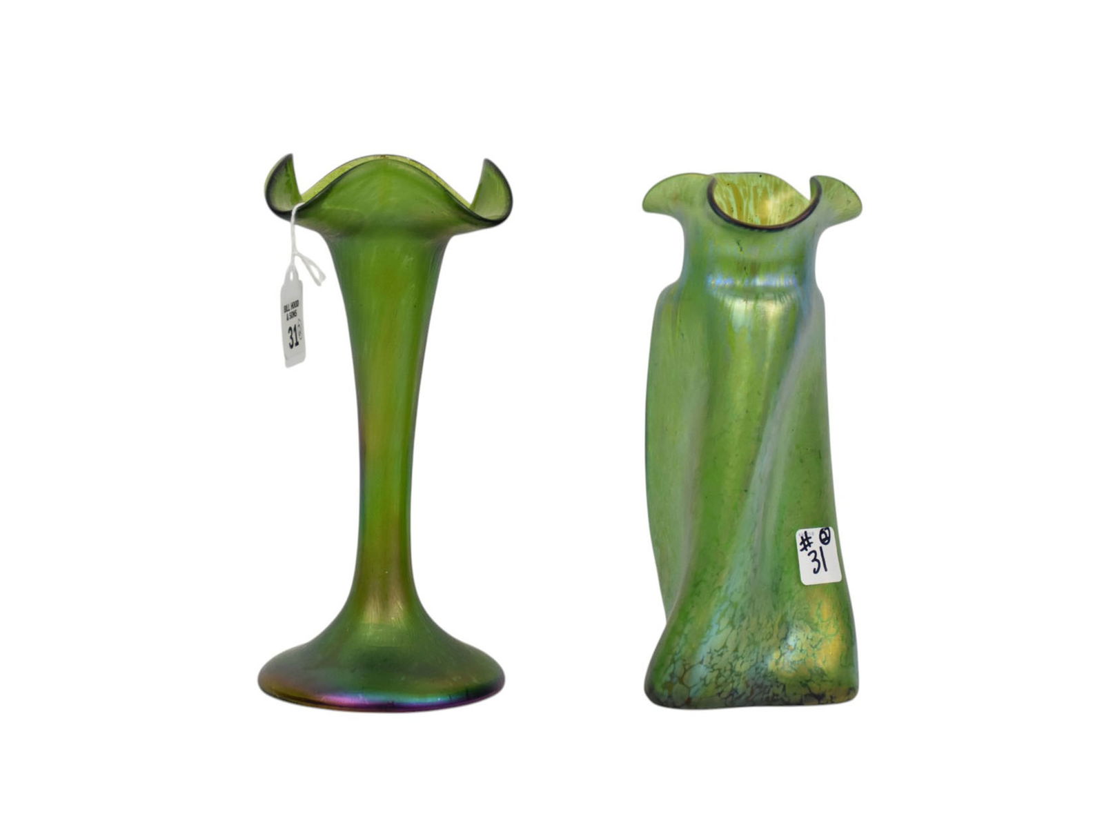 Two Loetz green art glass vases 1) Iridescent Creta Papillion vase, circa 1900 9.75" high x 5.5" dia (1 of 6)