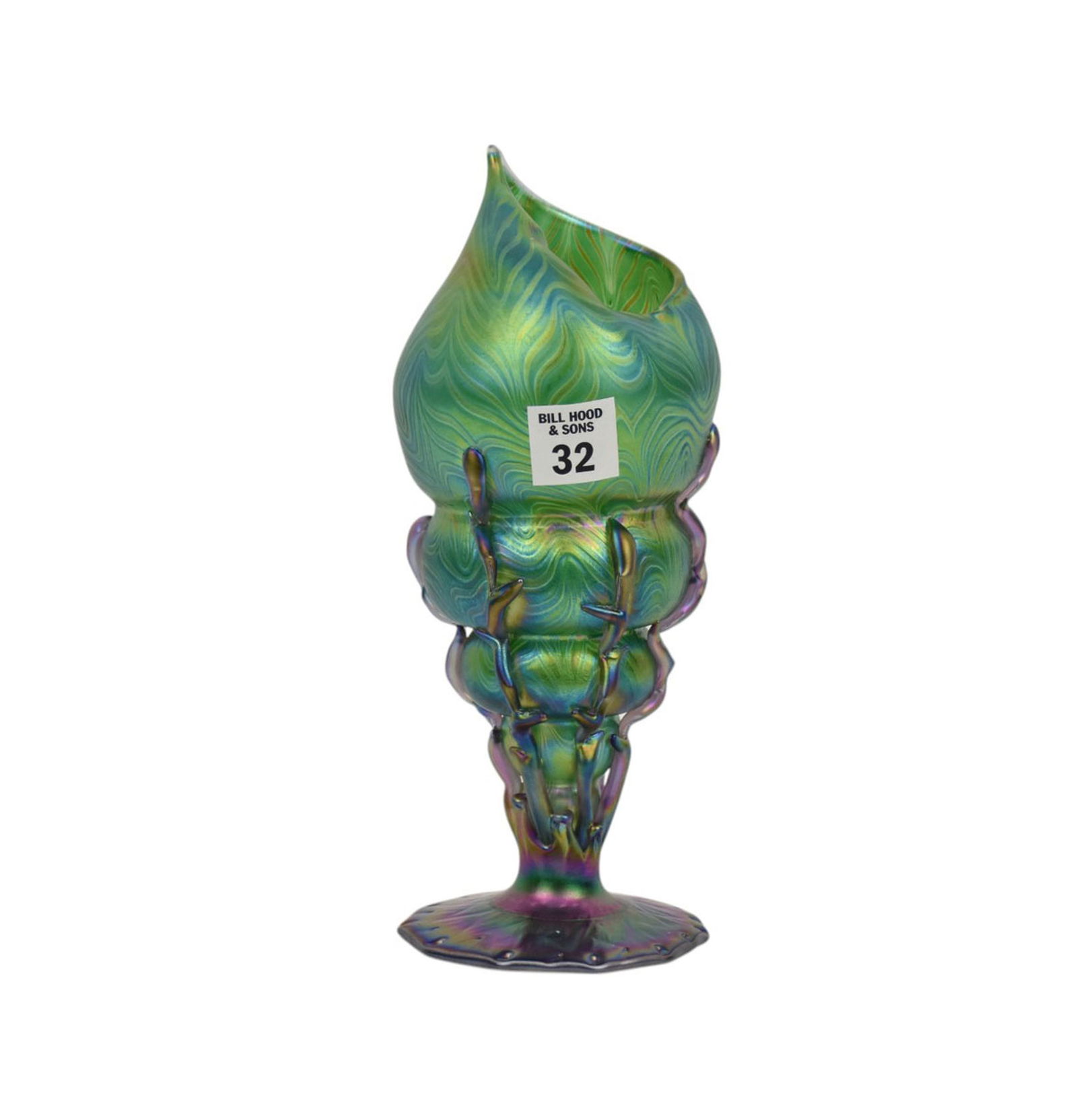 IGOR MULLER (CZECH, B. 1969) FIGURAL IRIDESCENT STUDIO ART GLASS SEASHELL VASE, large vertical green (1 of 8)
