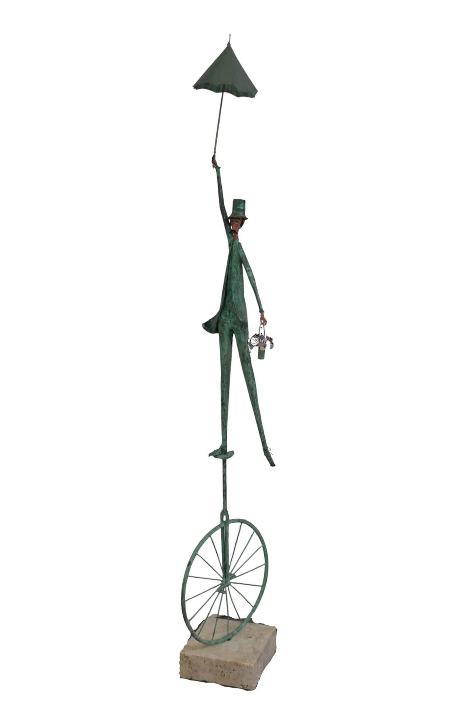 Jim Lewk (French/American), Umbrella man On Unicycle Copper sculpture with applied verdigris patina (1 of 7)