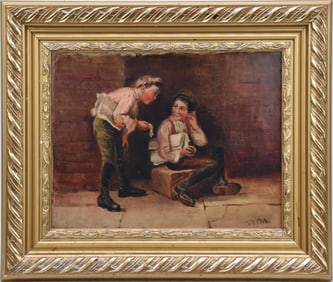 JW Brown, 19th Century, Oil on canvas-Relined. Newspaper Kids, painting 9 x 12 inches overall framed