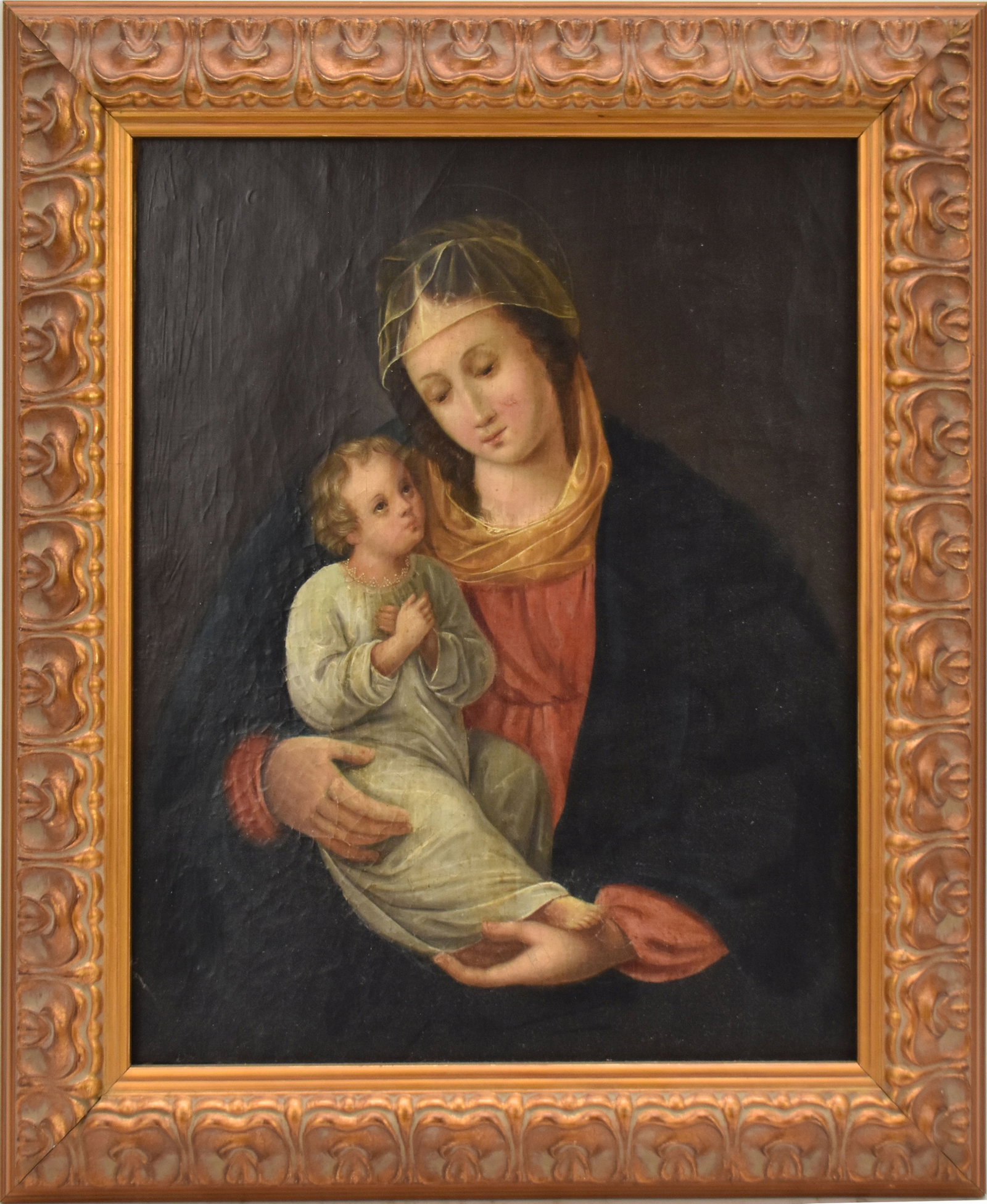 19th Century Italian School oil on canvas, Mary and Christ Child, canvas sizes 12-1/2 x 10-1/2: 19th Century Italian School oil on canvas, Mary and Christ Child, canvas sizes 12-1/2 x 10-1/2 inches. Overall framed size 16 x 14 inches