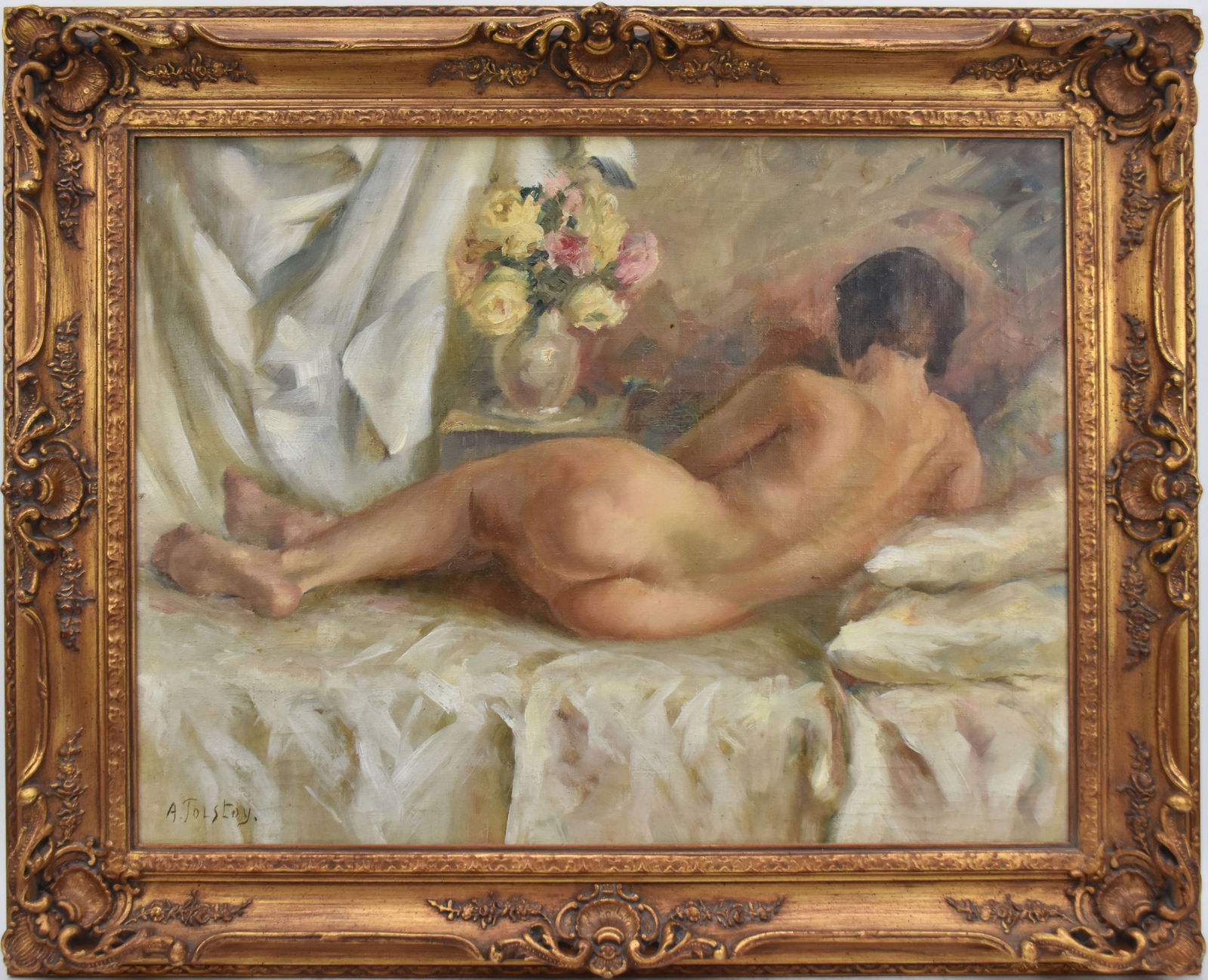 A. TOLSTOY 20th Century Untitled-Depicts a nude female resting on a bed with vase of roses Signed: A. TOLSTOY 20th Century Untitled-Depicts a nude female resting on a bed with vase of roses Signed lower left “A. Tolstoy” H. 19” x W. 25” Framed in a Rococo style giltwood frame Co