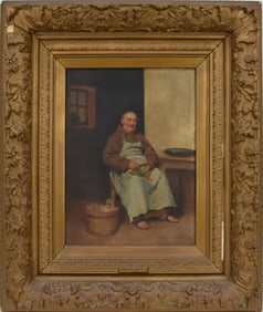 Mouchot - oil on antique panel of a monk preparing food signed Lud Mouchot lower right, painting