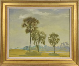 Michael Hodowal (Am. 20th C.) oil on canvas, MISTY MORNING- Palm Beach Golf Course with Palm Tree's.