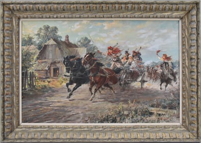 Wladyslaw T. Chmielinski (Polish, 1911-1979) oil on canvas, Cheers out of the Village, Horse-drawn