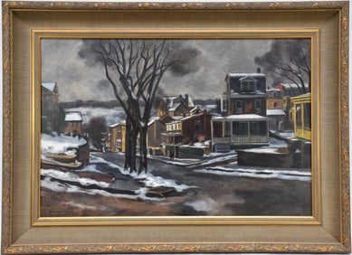 Giovanni Martino (American, 1908-1997) "late snow" town view, canvas is 20x 30 inches overall frame