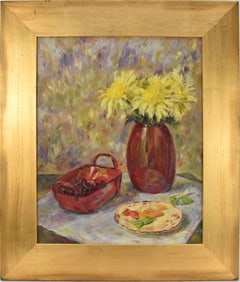 Leila Bakashvili (20th Century New Jersey) Oil on canvas of still life Bouquet and candy dish,