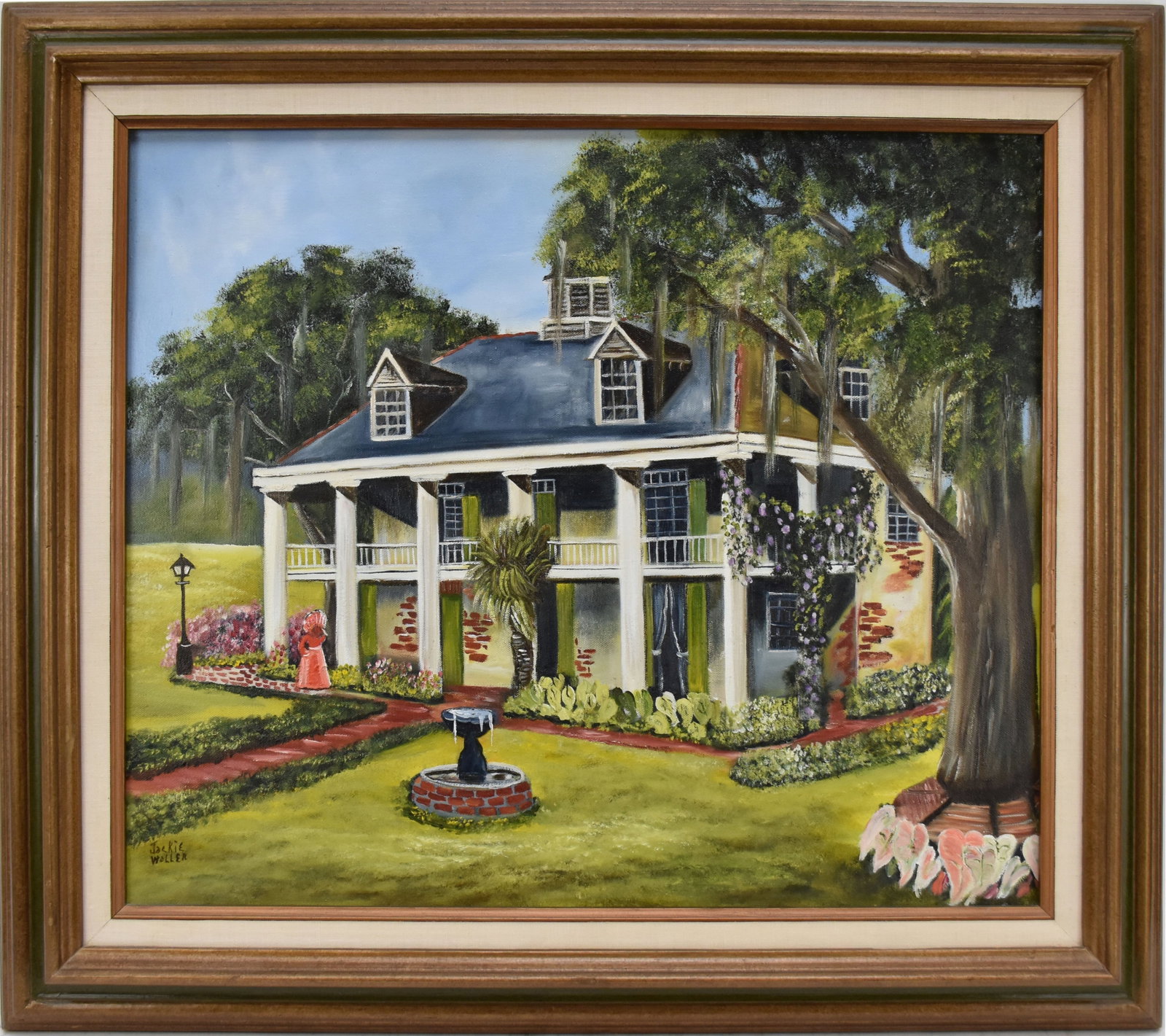 Jackie Woller (Am. 20th Century) Southern plantation House, Oil on canvas, canvas size 20 x 24: Jackie Woller (Am. 20th Century) Southern plantation House, Oil on canvas, canvas size 20 x 24 inches, overall with frame 26 1/2 x30 1/2 inches.