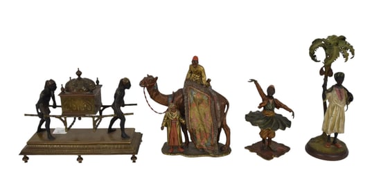 4 Antique Unsigned Austrian Bronzes, Cold Painted, incl. One Inkwell, Tallest 8"h, Smallest 6"h