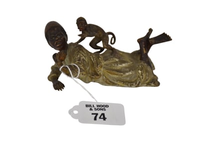 Antique Austrian Bronze, Cold Painted, Reclining Figure with Monkey on Back, 2 1/2"h x4"w