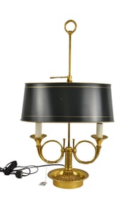 Student Lamp, Double Light French Horn Motif with Tole Shade, 26"h