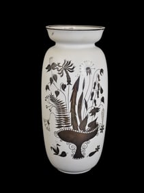 Gustavsberg Vintage Pottery Vase, Silver Floral Design on White Ground, 10 1/2"h x