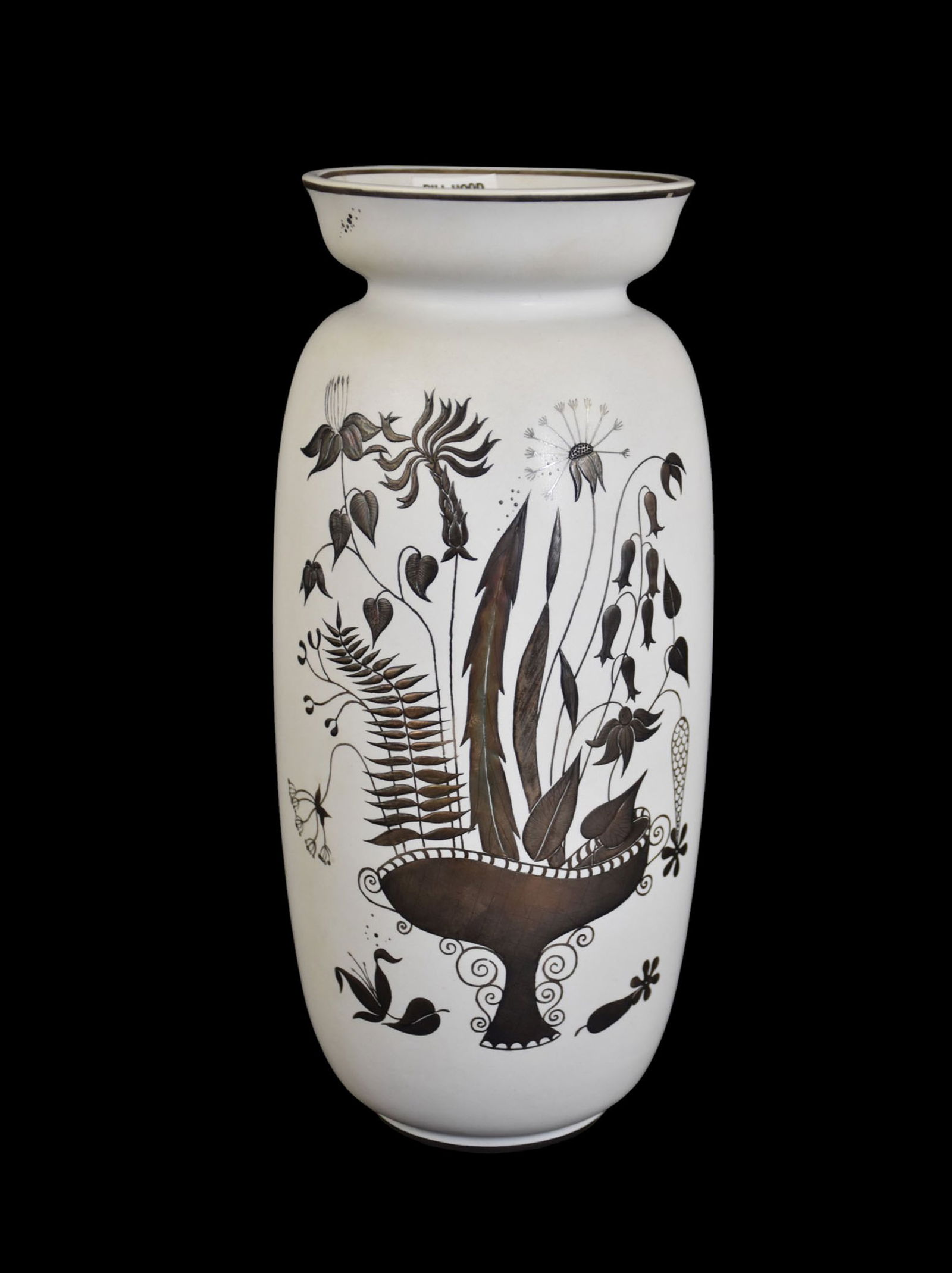 Gustavsberg Vintage Pottery Vase, Silver Floral Design on White Ground, 10 1/2"h x (1 of 7)