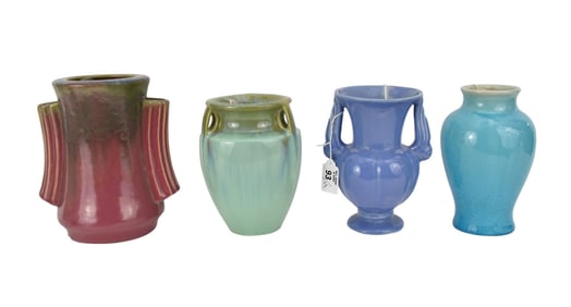 4 Pieces Vintage Art Pottery, 2 Fulper Vases (1) Green/Purple 7 1/2"h, (1) Green 6