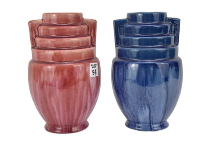 2 Vintage Roseville Pottery, Kolorcraft Vases (1) Red 8 1/2"h, (1) Blue 8 1/2"h