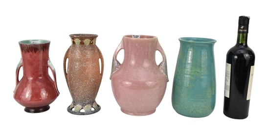 4 Antique Pottery Vases, (1) Roseville Orion Red, 8 1/2"h (2) Roseville Pierced Rim & Base, 9"h, (3)