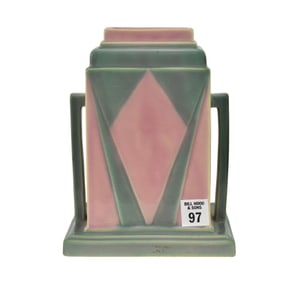 Roseville Pottery Futura Juke Box, Pink & Blue, 8 1/2"h x 6 1/2"w