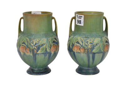 Pair Roseville Pottery Baneda Vases, Double Handled, 6 1/4"h x 2 5/8"dia