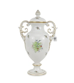 Porcelain Urn Marked Herend, Elaborate Gilt Accent Handles, Berry & Leaf Design On White Ground,